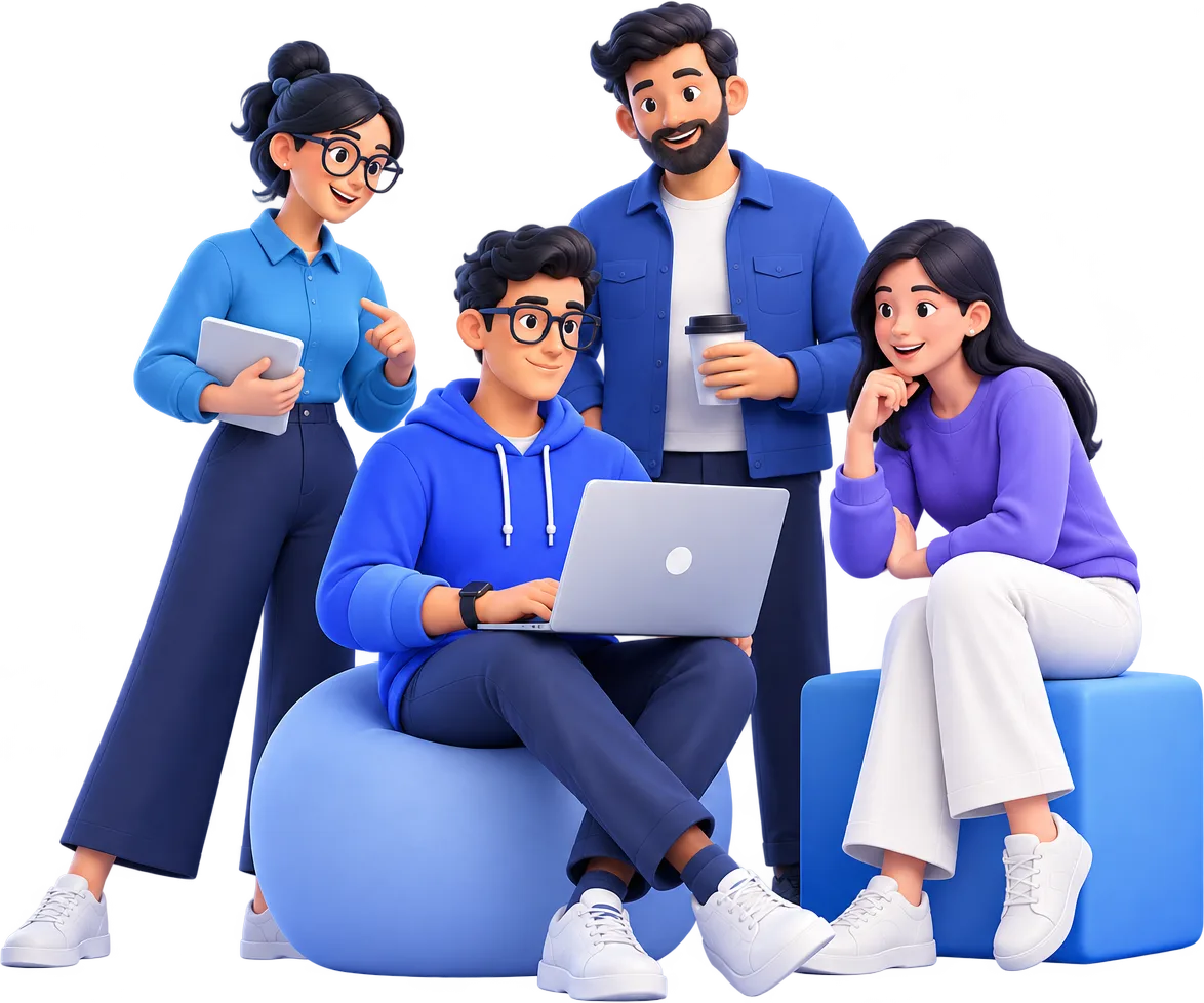Four teammates gathered around a laptop, working together